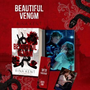 Beautiful Venom” by Rina Kent, featuring a sleek black background with a coiled golden serpent wrapped around a crimson rose—evoking themes of danger, seduction, and revenge in this dark hockey romance.