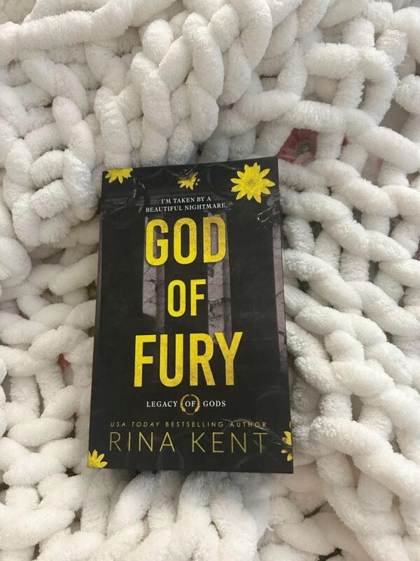 Cover of "God of Fury" by Rina Kent, featuring a dark, moody design with bold typography, symbolizing the intense MM romance between a mafia heir and his rival’s twin brother.