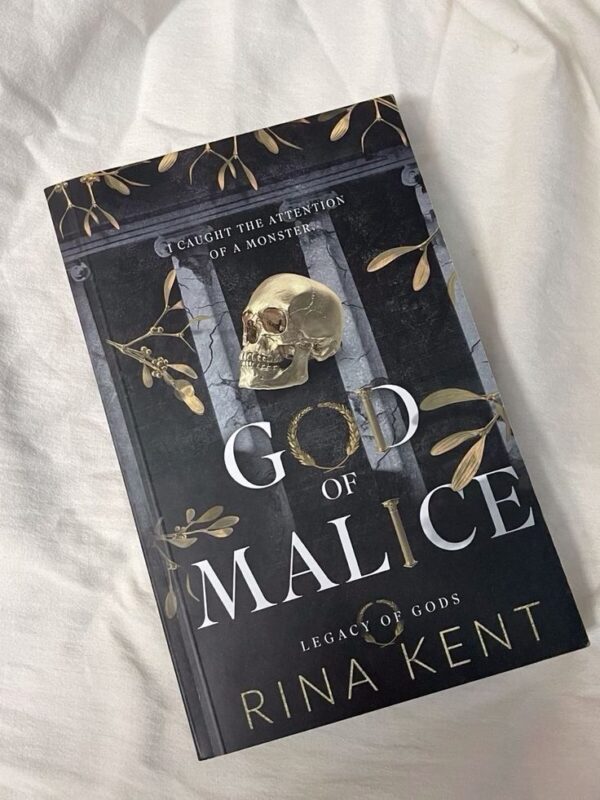Cover of "God of Malice" by Rina Kent, featuring a dark, moody design that reflects the novel’s intense themes of obsession, psychological manipulation, and forbidden romance between Glyndon King and Killian Carson.