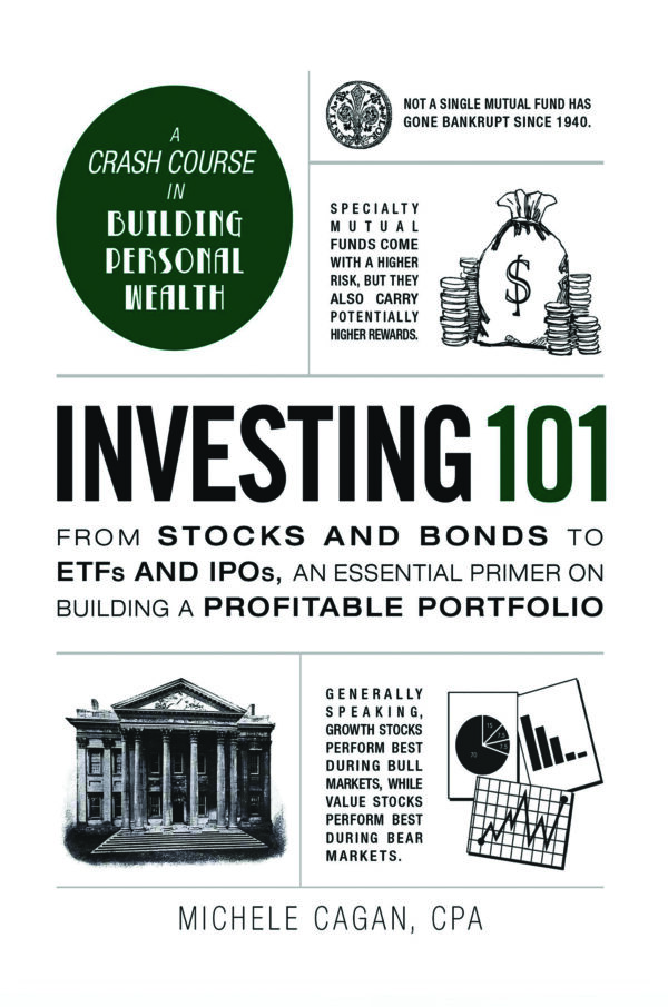 Investing 101 book cover featuring financial icons like graphs, coins, and a rising arrow—symbolizing beginner-friendly investment strategies.