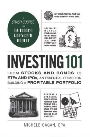 Investing 101 book cover featuring financial icons like graphs, coins, and a rising arrow—symbolizing beginner-friendly investment strategies.